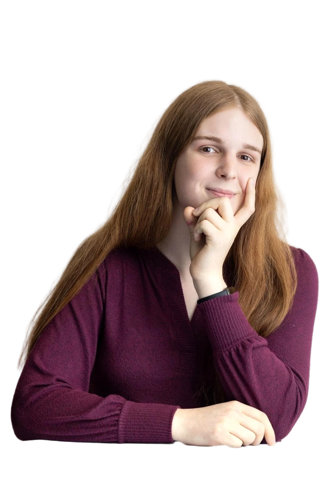 Alice Blair, smiling, chin resting on her hand